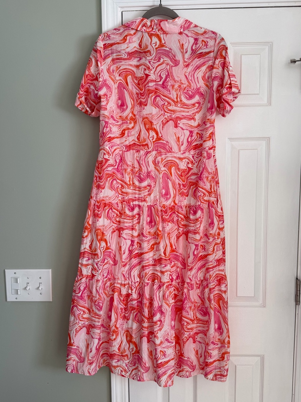J. McLaughlin Janelle Silk Cotton Swirl Tiered Dress Marble Pink Coral Pockets - Picture 6 of 7